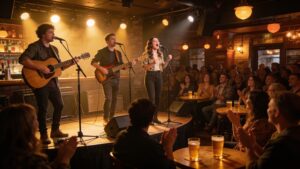 A lively pub open mic night with performers on stage and an engaged audience, representing free live music experiences in local venues.