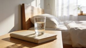 A minimalist bedroom setting illuminated by soft morning light, showcasing a glass of water and a journal on a modern nightstand.