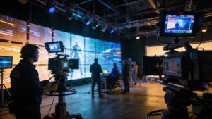 A modern film production set showing directors using advanced virtual LED walls to film an international sci-fi television series.