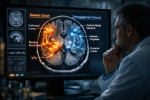 A neuroscientist examining a brain scan in a lab, representing the neurological research behind why everything feels boring and pleasure becomes dulled.