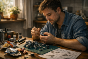 A person absorbed in a hands-on creative activity at home, representing the active engagement that restores pleasure when everything feels boring.