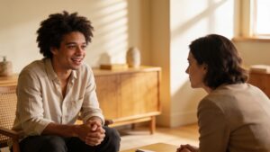 A person speaking with a therapist about anxiety, representing the psychological impact of sustained global uncertainty on ordinary people.