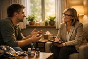 A person speaking with a therapist in a calm office setting, representing professional mental health support for persistent anhedonia when everything feels boring.