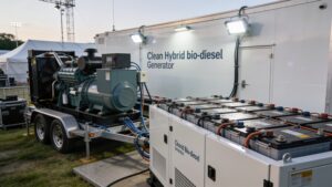 A professional backstage setup featuring a clean hybrid battery storage system connected to low-emission power infrastructure.