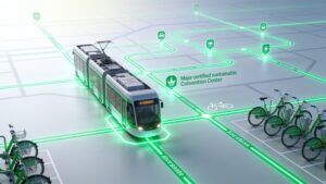 A professional corporate infographic showing public transit integration paths and bicycle routes leading directly to an eco-certified venue.