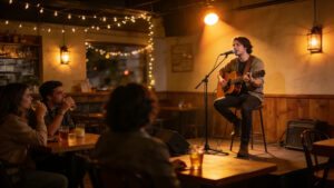 A singer-songwriter performing at a café open mic night, representing the free and intimate live music experiences available without concert tickets.