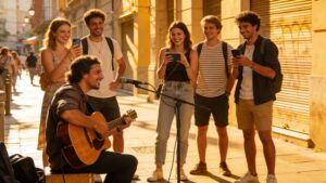 A small crowd gathered around a street busker performing live music in a city, representing the spontaneous free live music available in everyday urban life.
