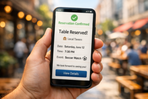 A smartphone screen displaying a confirmed table reservation for a sports watch party.