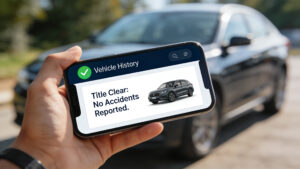 A smartphone screen showing a verified, accident-free history report for a pre-owned vehicle.