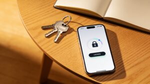A smartphone screen showing advanced biometric security and encryption settings for a secure automated household app.