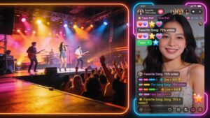 A split-screen view of a streaming broadcast featuring a live musical performance on the left and a scrolling interactive fan chat on the right.