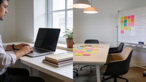 A split-screen visual displaying a home workstation and a collaborative office workspace to highlight flexible professional environments.
