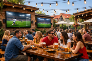 A vibrant outdoor beer garden with large screens showing a soccer match for patrons.
