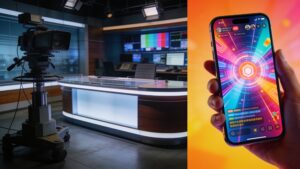 A visual metaphor showing the distinct shift from old broadcast television news to modern smartphone video consumption.