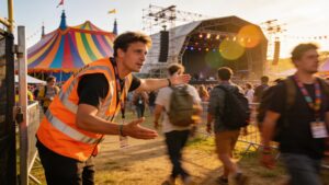 A volunteer in a high-visibility vest working at a music festival entrance, representing how volunteering provides access to live music without buying tickets.