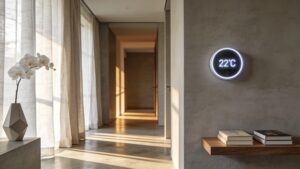 A wall-mounted intelligent thermostat operating seamlessly inside a modern, minimalistically designed residential hallway.