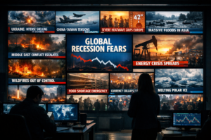 A wall of global news screens showing simultaneous crises, representing the real geopolitical and environmental changes making the world feel more dangerous and uncertain.