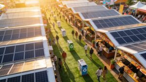 A wide-angle view of a modern eco-friendly outdoor festival venue featuring clean recycling stations and integrated solar arrays under a clear blue sky.