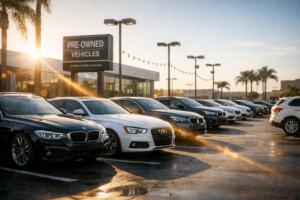 A wide selection of well-maintained vehicles parked at a professional pre-owned dealership lot.