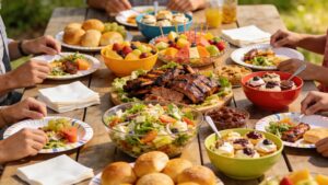 Abundant food spread on picnic table at a family reunion showing how to plan food for a family reunion