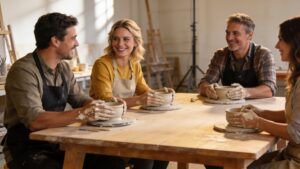 Adults in a pottery class together representing social creative hobbies for adults
