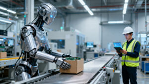 An autonomous humanoid robot working productively on a modern industrial factory floor.