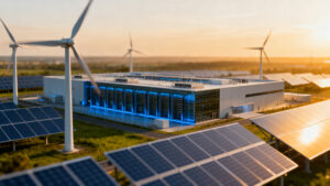 An eco-friendly modern data center facility powered completely by sustainable green energy sources.