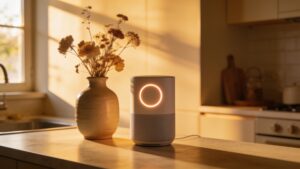 An elegant smart assistant speaker sitting on a kitchen counter, ready to process hands-free voice commands.