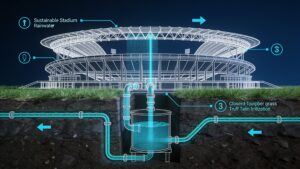 An engineering diagram illustrating a stadium roof funneling rainwater into an underground storage tank, which pumps filtered water back to stadium facilities.