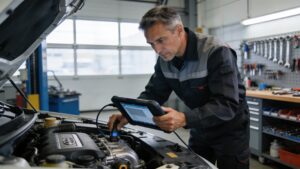 An independent mechanic conducting a rigorous pre-purchase inspection on a pre-owned vehicle.