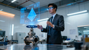 An industrial technician utilizing an advanced spatial computing interface to run complex diagnostics.