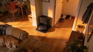 Busy family home with dog and robot vacuum dock representing the question is a robot vacuum worth it for families