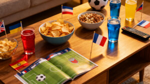 Coffee table set up with snacks and decorations for a World Cup 2026 watch party at home