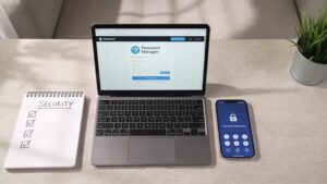 Desk with password manager and two-factor authentication setup representing steps to stay safe online