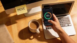 Desk with timer and reminder note showing how to schedule movement snacks for busy people