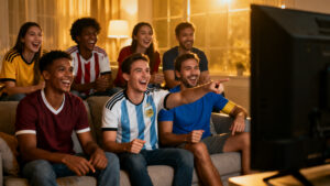 Diverse group of friends enjoying a World Cup 2026 watch party together at home