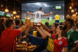 Excited soccer fans cheering together inside a lively sports bar during a major game.