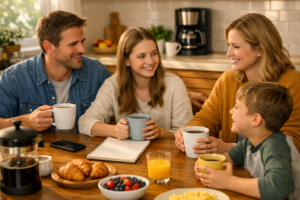 Family at breakfast table showing why a drip coffee maker is the best coffee maker for home use for families