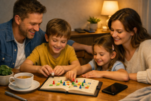 Family spending quality time together reducing screen time with a board game at home