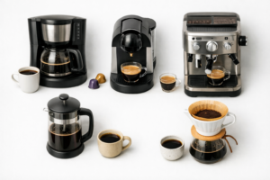 Five types of home coffee makers laid out showing options for best coffee maker for home use