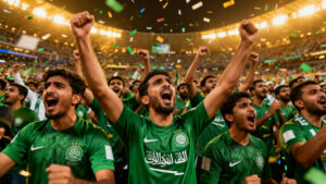 Football fans celebrating one of the biggest World Cup upsets in history