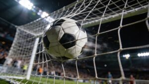 Football striking the net representing one of the biggest World Cup upsets in history