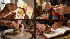 Four creative hobby options for adults showing painting knitting pottery and writing