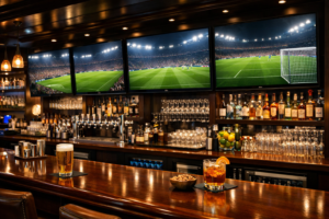 High-definition television screens perfectly arranged over a clean bar counter for sports viewing.