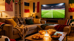 Living room set up with flags and decorations for a World Cup 2026 watch party