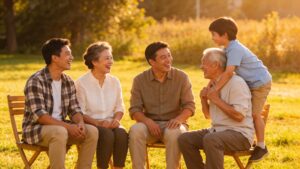 Multigenerational family sitting together after a reunion showing the real goal of planning a family reunion