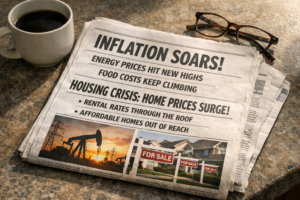 Newspaper headlines about inflation and prices illustrating causes of the cost of living crisis