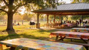 Outdoor park pavilion set up for a family reunion showing venue options when planning a family reunion