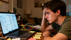 Overwhelmed person at cluttered desk in need of a digital declutter