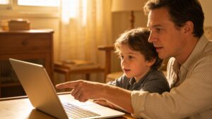 Parent and child looking at laptop together representing online safety for families learning how to stay safe online
